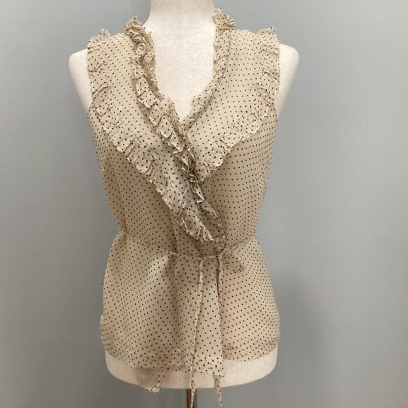 J. Crew 100% silk polka dot ruffle v-neck sleeveless wrap blouse size 0 cream - Picture 10 of 15